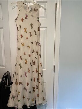 Bloomingdale's Cream Silk Dress with Red and Multicolor Butterfly Accents